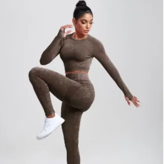 Quick drying Seamless Washing Yoga Exercise Long Sleeve Trousers Suit Dark Coffee Color - Shop at LoveMi