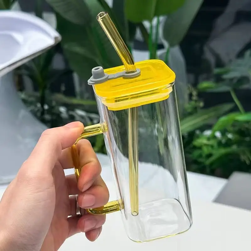 Square Glass Female Clear With Cover Office Handle Straw Cup