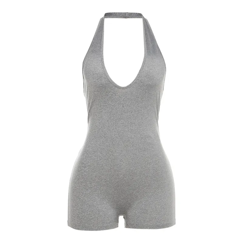 Deep V-neck Backless High Waist Tight Jumpsuit - Gray