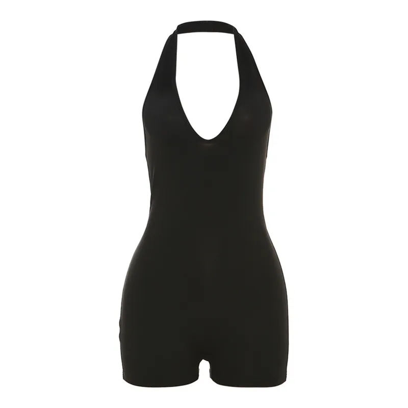 Deep V-neck Backless High Waist Tight Jumpsuit - Black