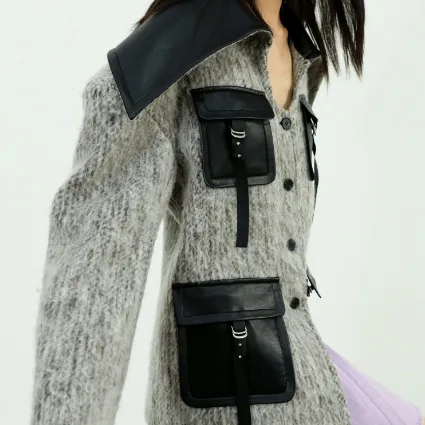 Profile Drop Shoulder Contrast Color Big Collar Pocket Texture Woolen Coat - Gray