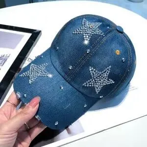 Hot Drilling Washed Denim Baseball Cap Sun proof Three Stars Dark Blue - Shop at LoveMi