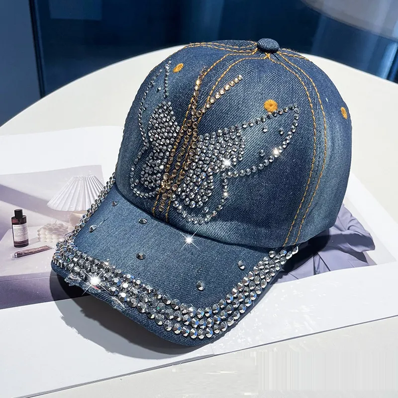 Hot Drilling Washed Denim Baseball Cap Sun-proof - Big Bow Dark Blue