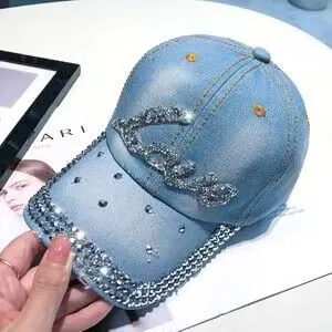 Hot Drilling Washed Denim Baseball Cap Sun proof Love Light Blue - Shop at LoveMi