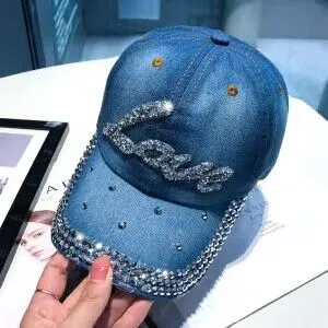 Hot Drilling Washed Denim Baseball Cap Sun-proof - Love Dark Blue