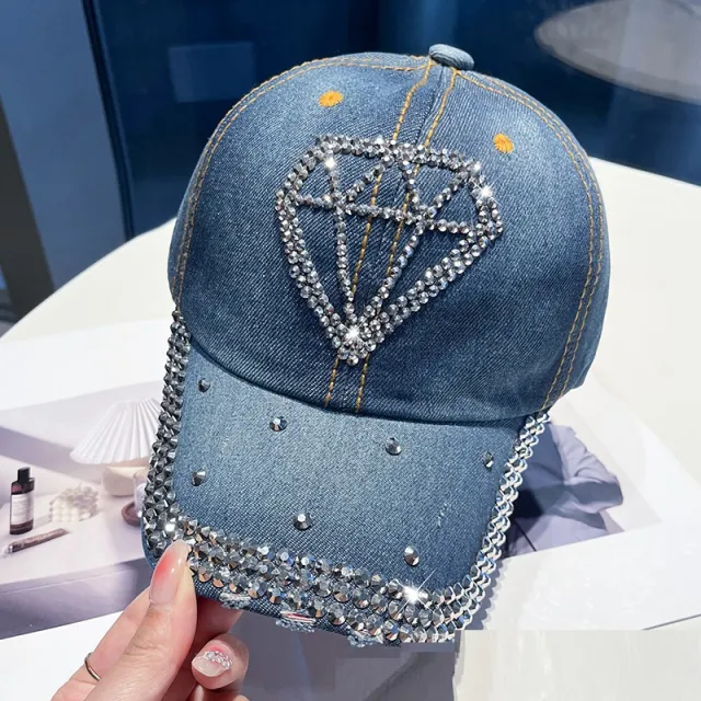 Hot Drilling Washed Denim Baseball Cap Sun proof Great Diamond Dark Blue - Shop at LoveMi