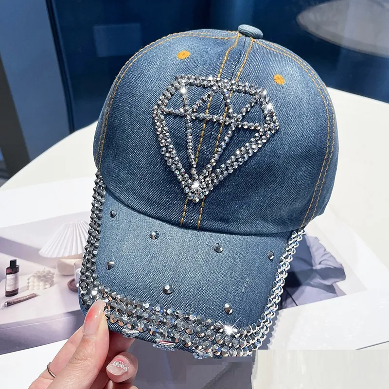 Hot Drilling Washed Denim Baseball Cap Sun-proof - Great Diamond Dark Blue