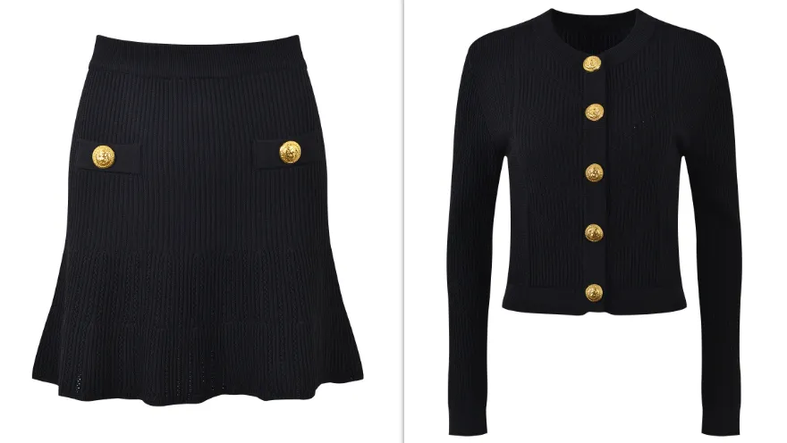 New Round Neck Metal Button Knitted Top Mid-length Dress Set - Black Set