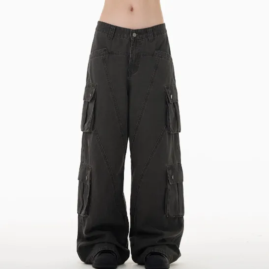 Retro Deconstruction Cargo Jeans Men And Women Loose Casual Gray - Shop at LoveMi