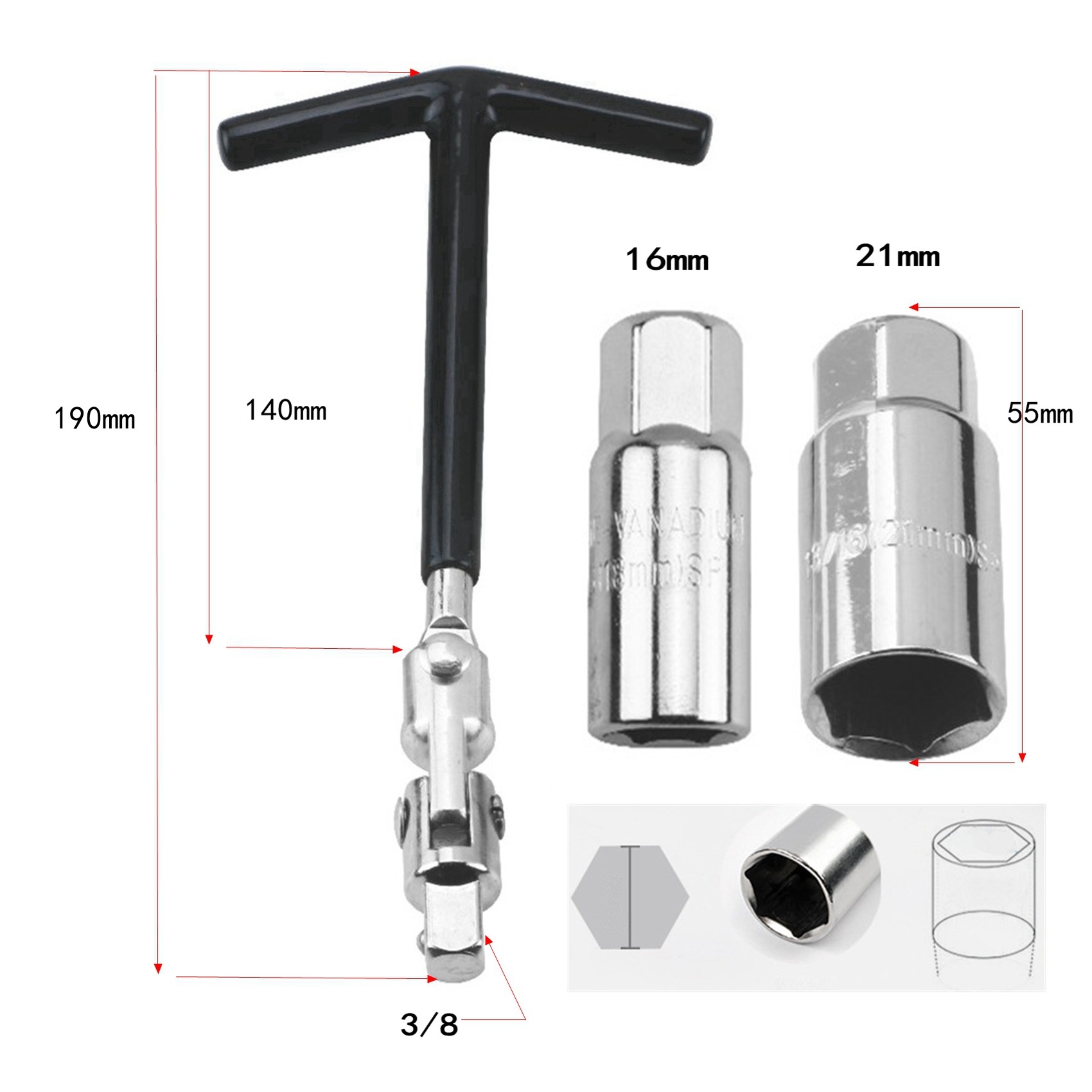 Title 1, 4-delige plug sleeve set T-vormige sleutel 38 1...