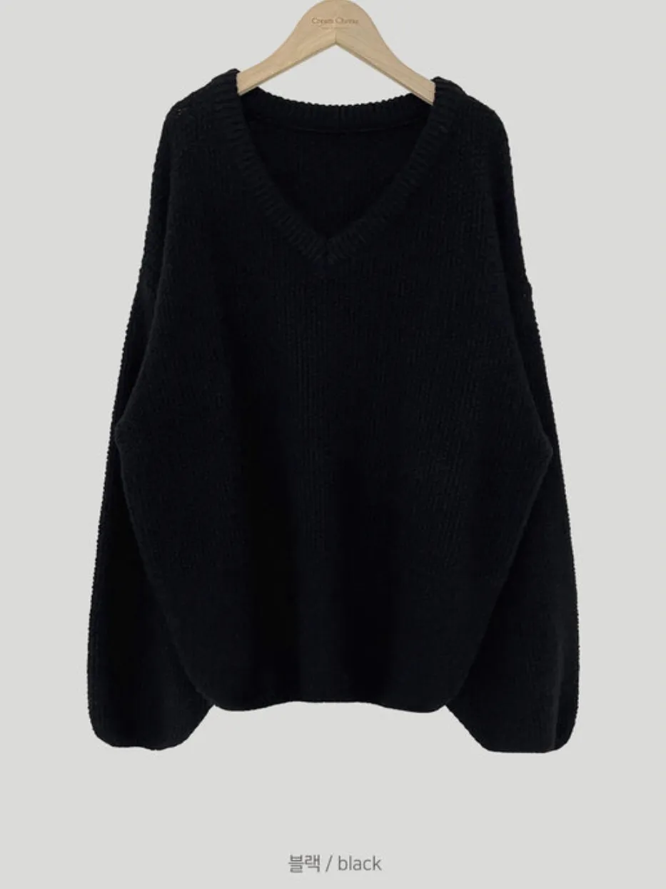 Coarse Yarn Loose Pullover V-neck Knitted Sweater - Black