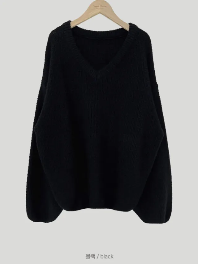 Coarse Yarn Loose Pullover V neck Knitted Sweater Black - Shop at LoveMi