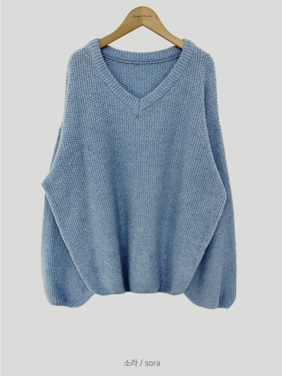 Coarse Yarn Loose Pullover V-neck Knitted Sweater - Blue