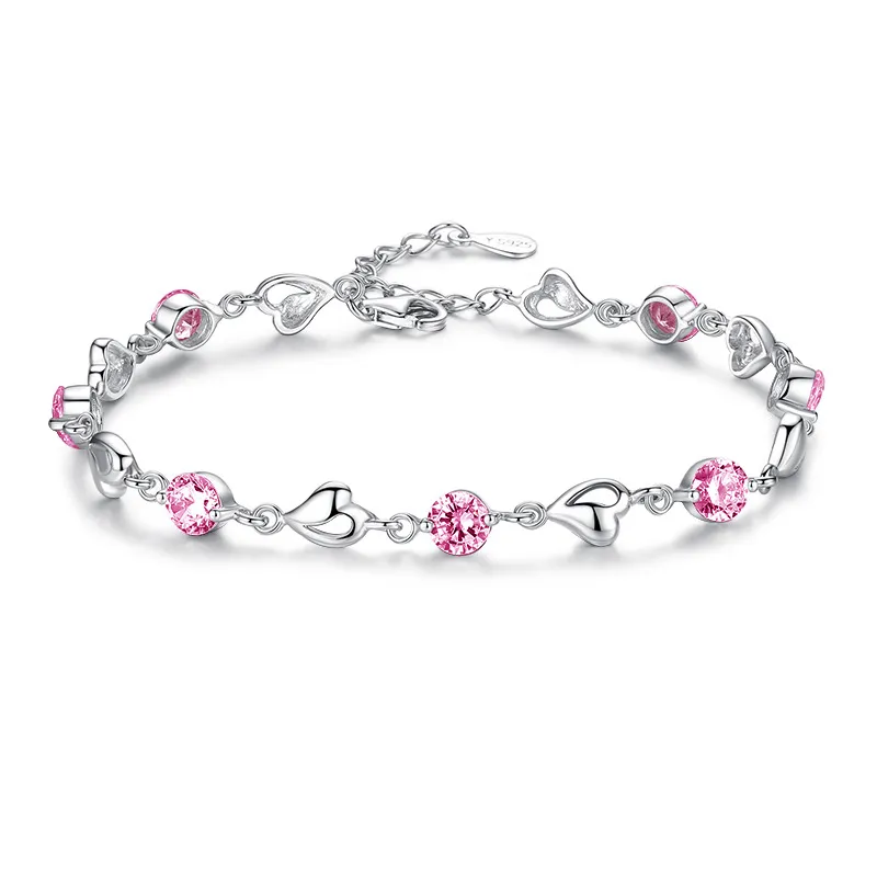 S999 Pure Silver Love Heart Simple Personality Mori Style Student Couples Bracelet - Pink
