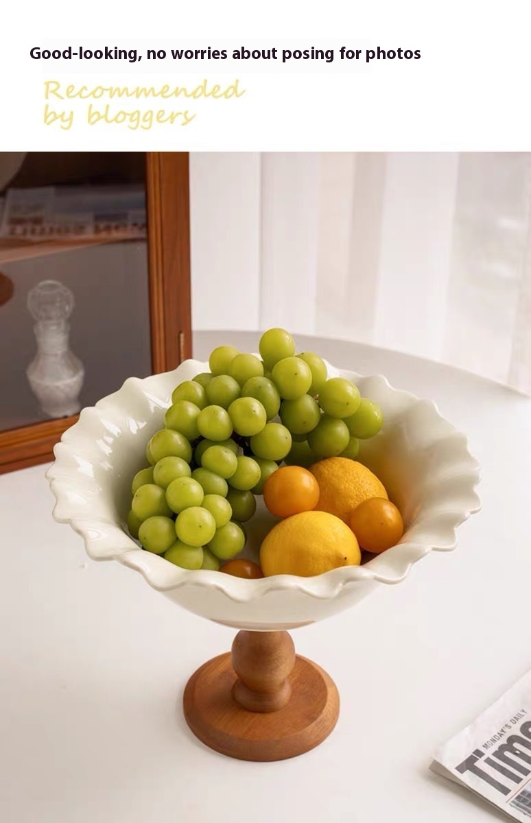 Title 7, Vintage Cream Flower Wooden Tall Fruit Bowl Hom...