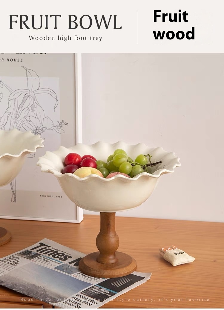 Title 1, Vintage Cream Flower Wooden Tall Fruit Bowl Hom...