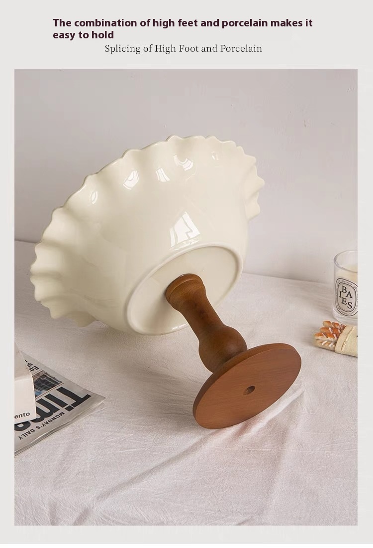 Title 8, Vintage Cream Flower Wooden Tall Fruit Bowl Hom...