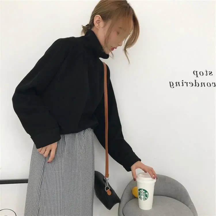 All-match Bottoming Shirt T-shirt Loose Mock Neck - Black