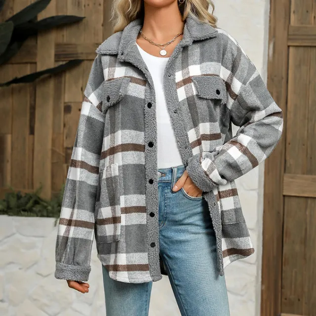 Women's Contrast Color Plaid Jacket Casual Polo Collar Velvet Jacket Gray - Shop at LoveMi
