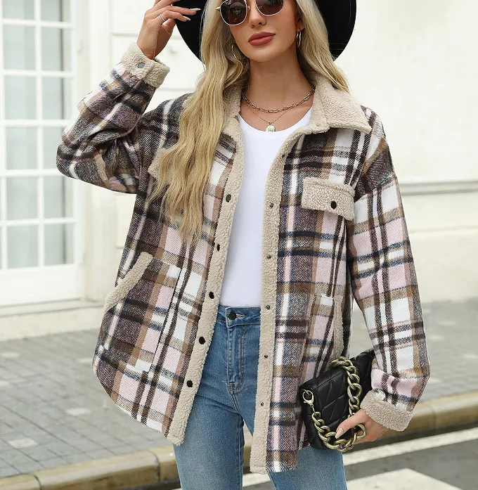 Women's Contrast Color Plaid Jacket Casual Polo Collar Velvet Jacket - Beige Apricot