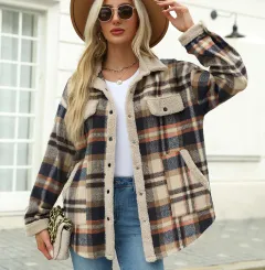 Women's Contrast Colour Plaid Jacket Casual Polo Collar Velvet Jacket - Grey Blue - View 1