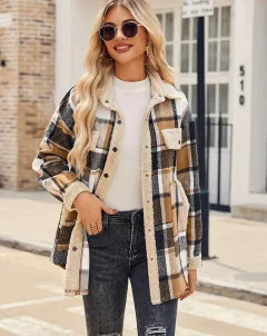 Women's Contrast Colour Plaid Jacket Casual Polo Collar Velvet Jacket - Deep Khaki - View 1