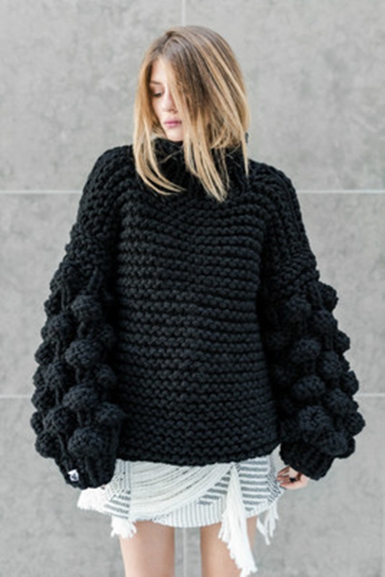 New lazy style loose sweater women's lantern sleeves three-dimensional ball thick stick sweater handmade pullover top