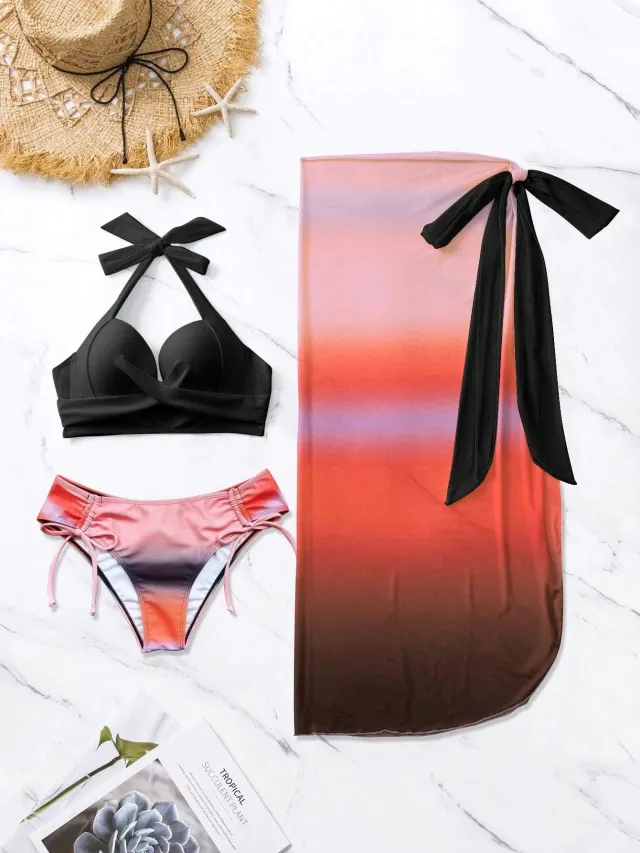 European And American Vacation Style Three Piece Swimsuit Women's Bikini Yarn Skirt Suit Color4 S - Shop at LoveMi