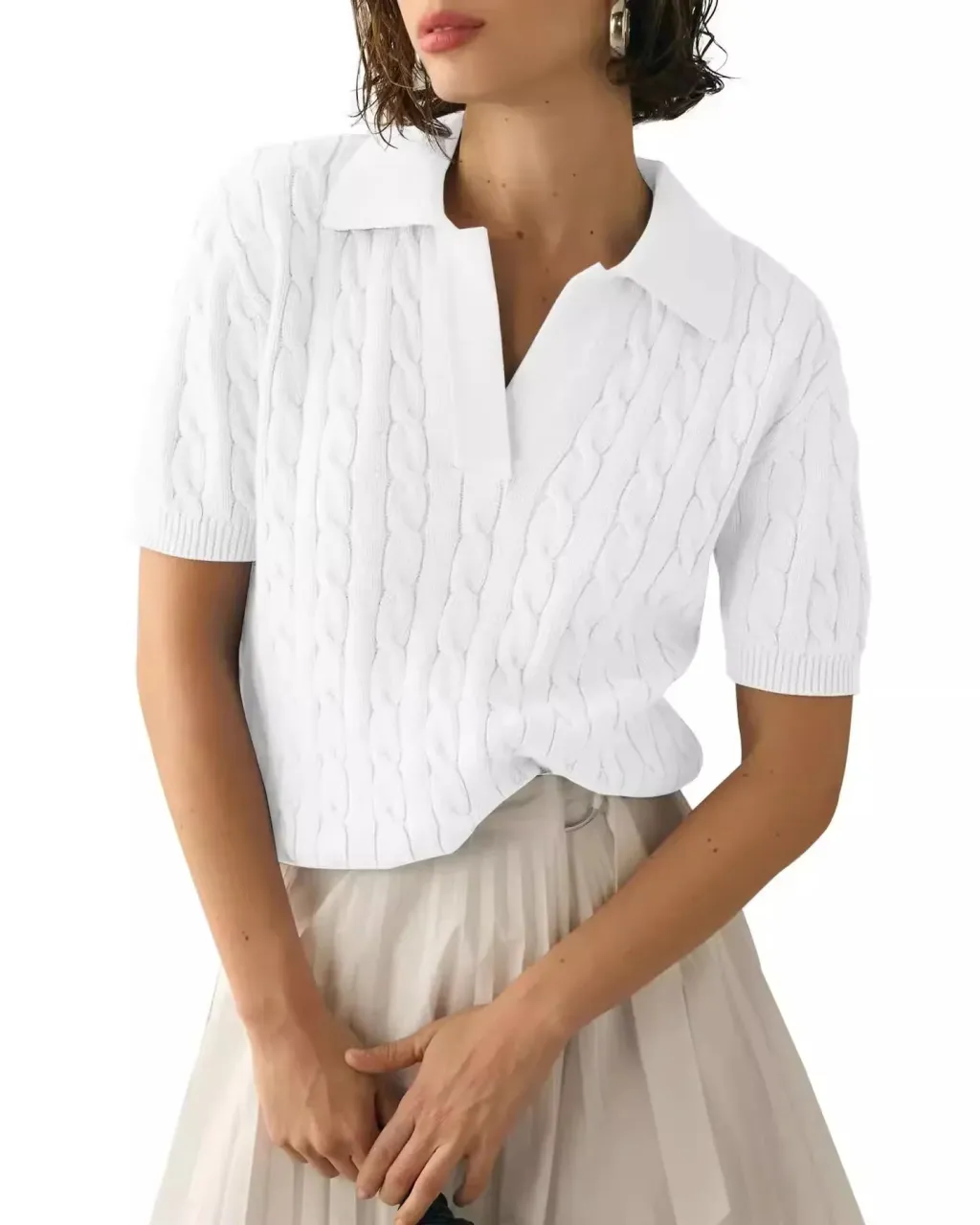 Women's Polo Collar Short-sleeved Knitted Sweater Casual Sweater Pullover Solid Color Fashion Soft Lapel V Neck Knitted Top Y2K - White