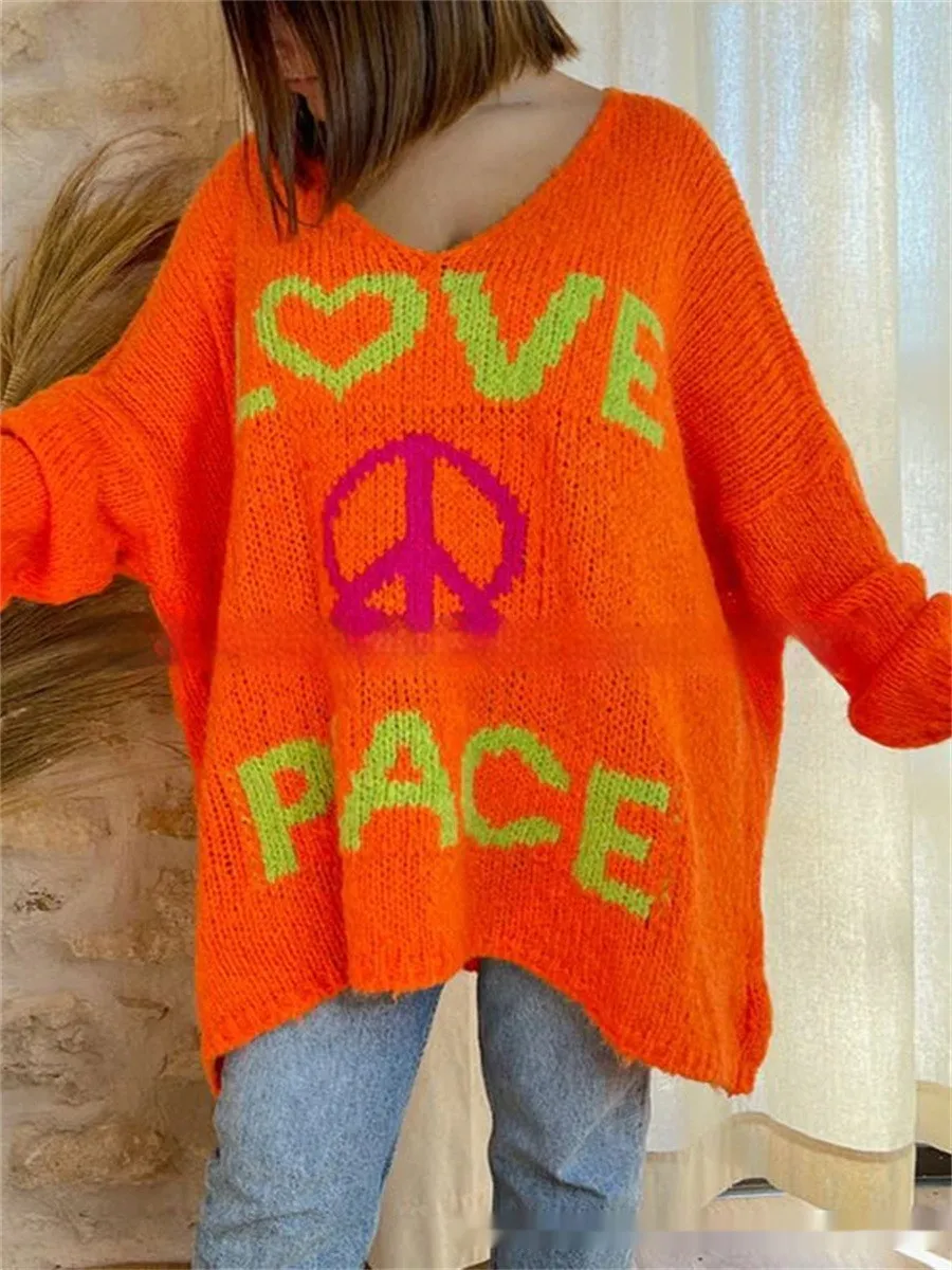 Plus Size Women's V-neck Letter Loose And Idle Knitted Sweater - Orange