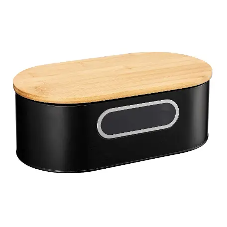Galvanized Iron Black Bamboo Cover Metal Bread Box