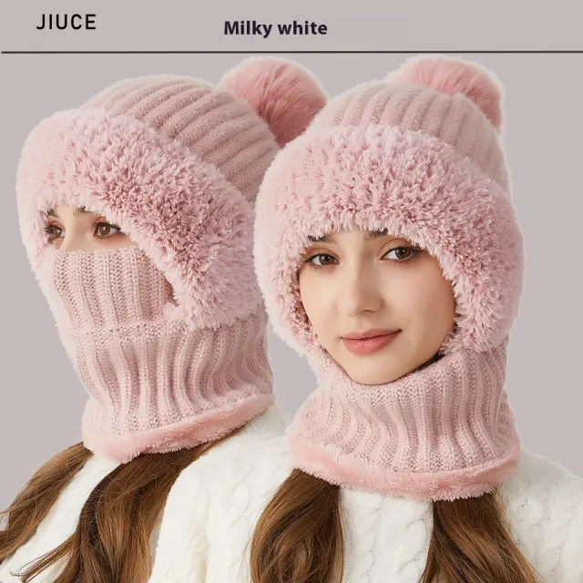 High Elastic Solid Color Knitted Hat Scarf Mask One piece Pink - Shop at LoveMi
