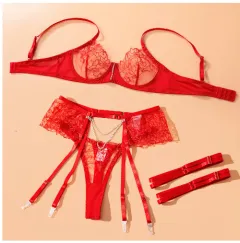 European And American Embroidered Lace Metal Chain Uniform Set - Red - View 1