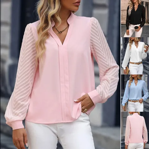 V-neck Long-sleeved Chiffon Shirt Lace Stitching Solid Color Tops