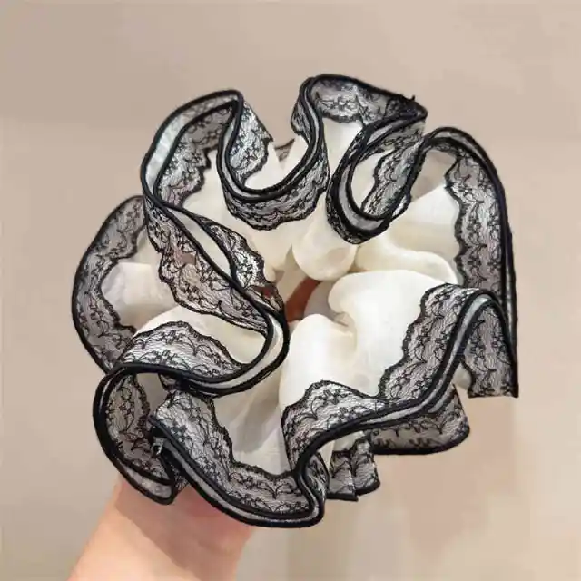 Double Layer Intestine Ring Hair Rope Organza Lace Edge Hair Ring Beige Apricot - Shop at LoveMi