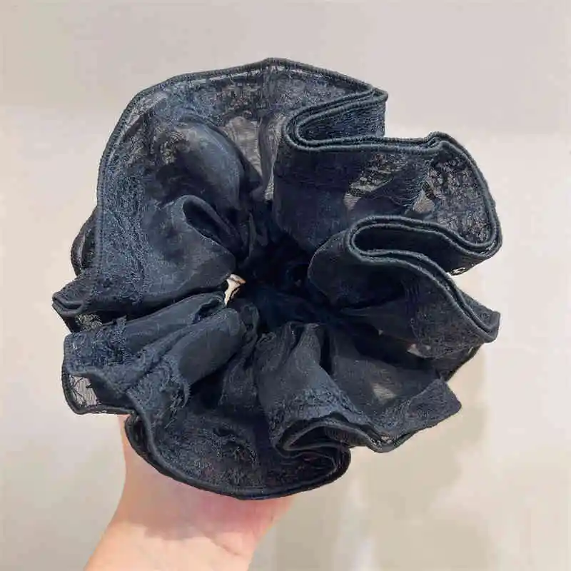 Double Layer Intestine Ring Hair Rope Organza Lace Edge Hair Ring - Black
