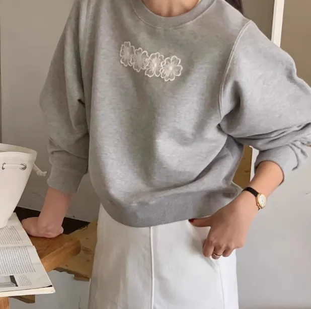 Round Neck Embroidered Flower Design Loose All match Long Sleeve Pullover Hoodie Apricot - Shop at LoveMi