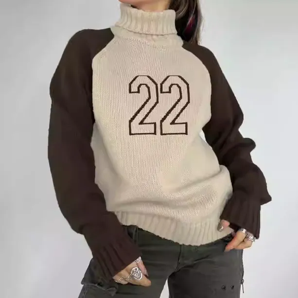 Contrast Color Raglan Embroidered Turtleneck Loose All-match Long Sleeve Sweater - Brown