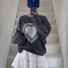 Temperament Crew Neck Heart Printing Design Loose And Lazy Style Versatile Long Sleeve - Dark Grey - View 1
