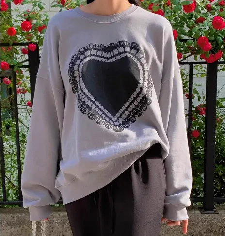 Temperament Crew Neck Heart Printing Design Loose And Lazy Style Versatile Long Sleeve Light Grey - Shop at LoveMi
