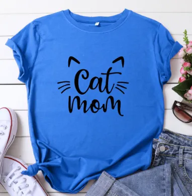 CAT MOM Printed Short sleeved Cotton T shirt Blue - Shop at LoveMi