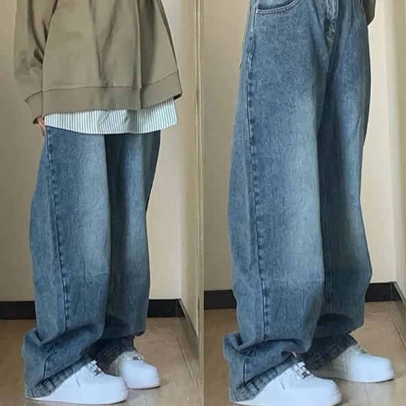 Plus Size High Waist Wide Leg Jeans For Women Mop Trousers Retro Blue Premium Edition - Shop at LoveMi