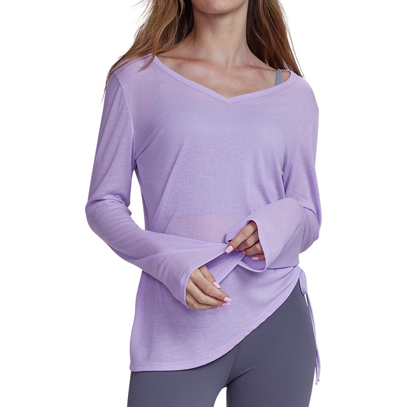 Yoga Blouse Long Sleeve Thigh-length Female Pleated Drawstring