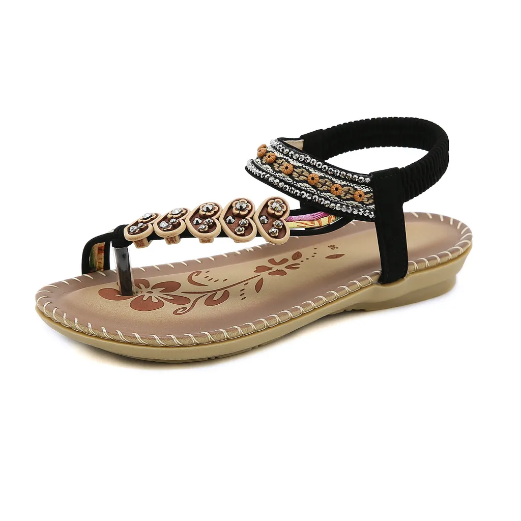 Retro Rhinestone Plus Size Flip Flops Beach Sandals Flats - Black