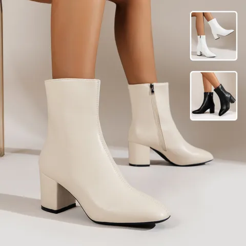 Chunky Heel Pointed Toe Boots with Side Zipper Fashion