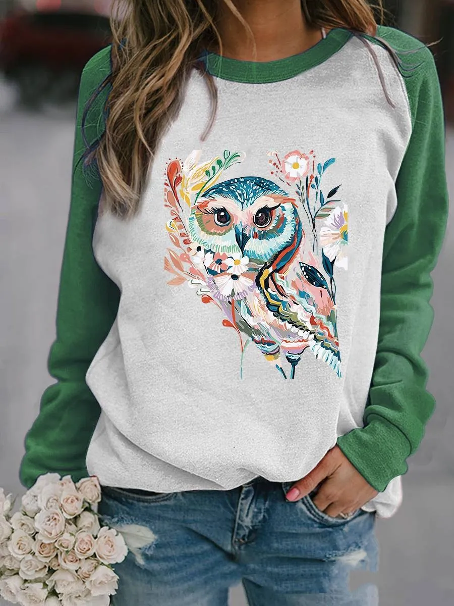 Autumn Animal Graphic Print Crew Neck Raglan Long-sleeved Top - Rh1Bb665345
