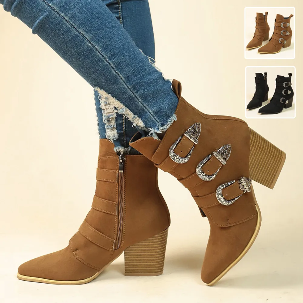 Chunky Heel Pointed Toe Boots with Belt Buckle Design