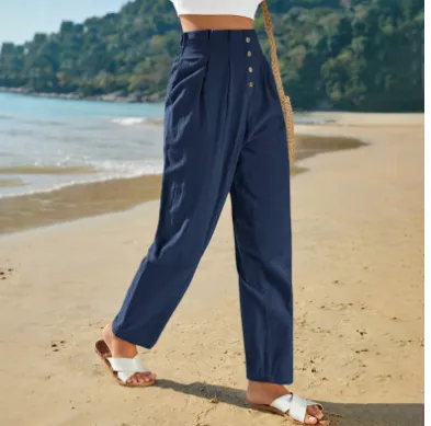 Casual High Waist Trousers For Women - Navy