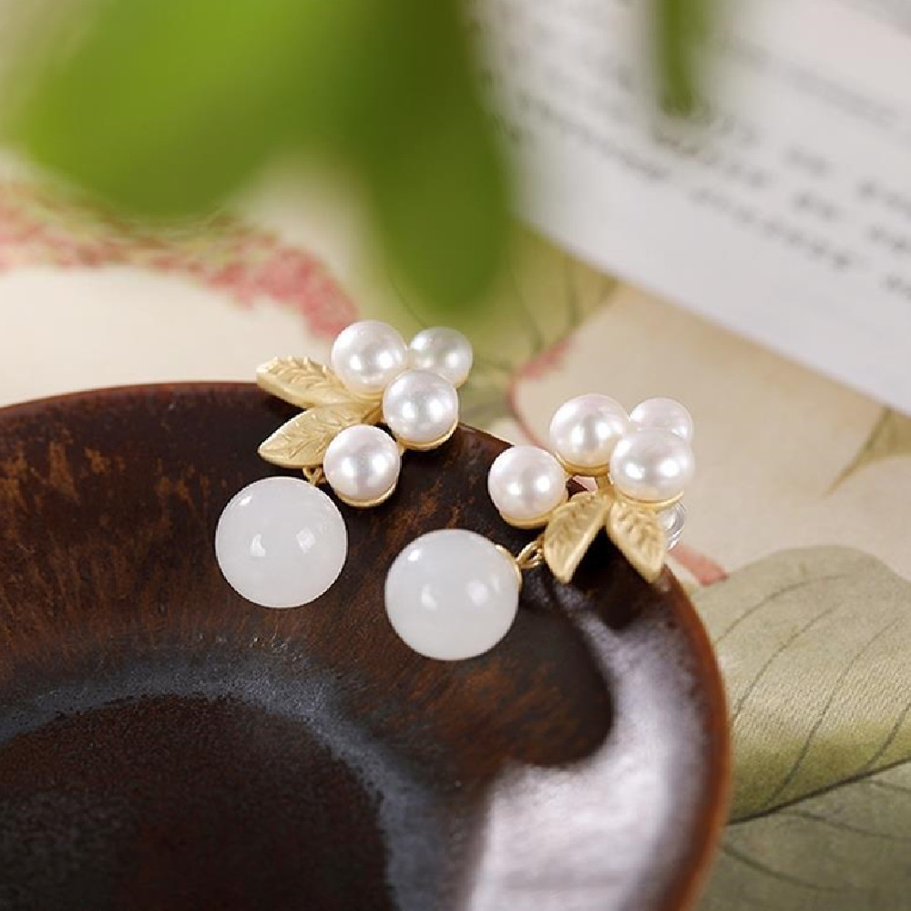 Elegant Inlaid Hetian White Jade Women's Ear Studs