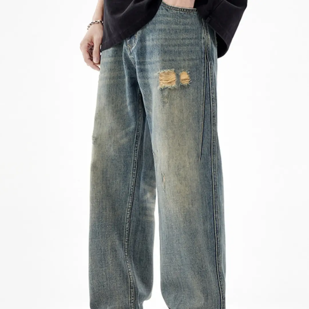 Men's American-style Retro Wide Leg Ripped Jeans